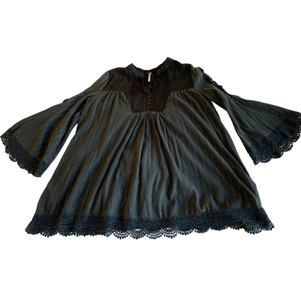 Free People S  Boho Tunic Top bell kimono sleeve  Lace Trim Metallic 8306 GUC